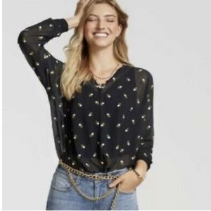 CABi Black Floral Embroidered Sheer Blouse Size: Small